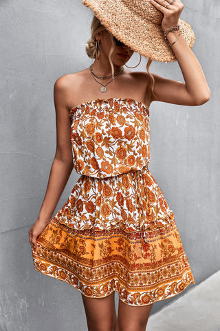 Full outfit with strapless printed mini dress and heels