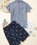 boys summer outfit featuring striped polo shirt and dinosaur print drawstring shorts