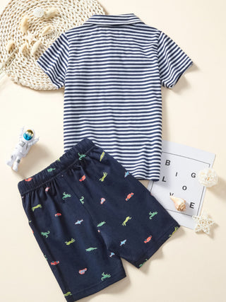 boys summer outfit featuring striped polo shirt and dinosaur print drawstring shorts