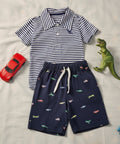 boys striped polo shirt and dinosaur print shorts set made from 100 percent cotton