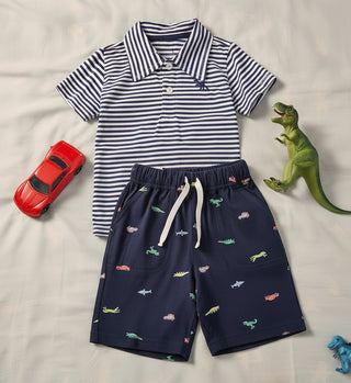 boys striped polo shirt and dinosaur print shorts set made from 100 percent cotton