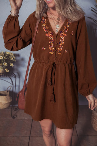 Brown boho mini dress styled for Thanksgiving