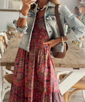 burgundy floral maxi dress styled with denim jacket for casual vacation outfit
