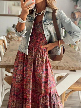 burgundy floral maxi dress styled with denim jacket for casual vacation outfit
