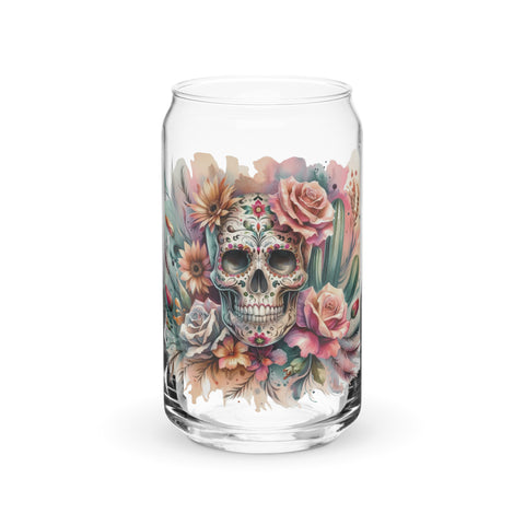 Skull and Roses Can-Shaped Glass