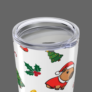 Close-up of Christmas capybara pattern on stainless steel tumbler
