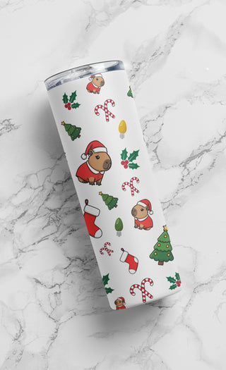 Full-wrap capybara Christmas tumbler on marble background