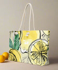 Oversized lemon-themed weekender tote bag styled with lemons on wood surface