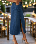 Raw Hem Front Slit Denim Midi Skirt – Casual Chic with Pockets - Post & Poppy