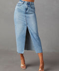 Raw Hem Front Slit Denim Midi Skirt – Casual Chic with Pockets - Post & Poppy
