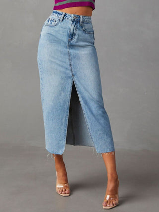 Raw Hem Front Slit Denim Midi Skirt – Casual Chic with Pockets - Post & Poppy