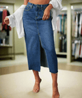 Raw Hem Front Slit Denim Midi Skirt – Casual Chic with Pockets - Post & Poppy