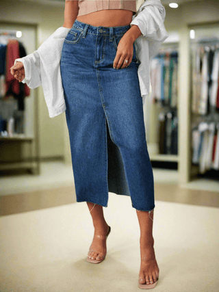Raw Hem Front Slit Denim Midi Skirt – Casual Chic with Pockets - Post & Poppy