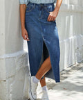 Raw Hem Front Slit Denim Midi Skirt – Casual Chic with Pockets - Post & Poppy