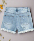 Back flat lay showing pockets and frayed trim on denim shorts
