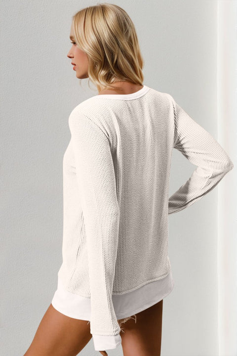 Ribbed Thumbhole Cuff Round Neck T-Shirt