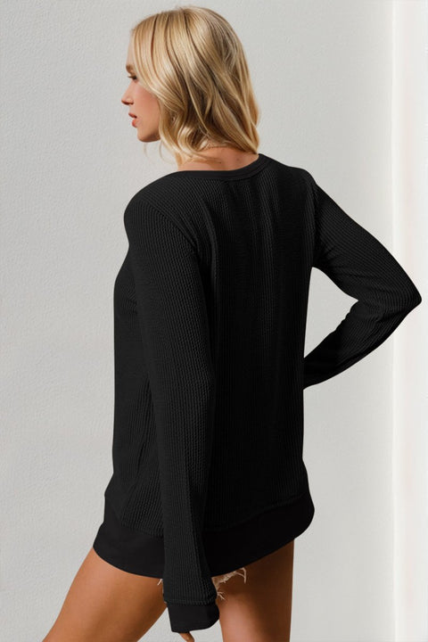 Ribbed Thumbhole Cuff Round Neck T-Shirt