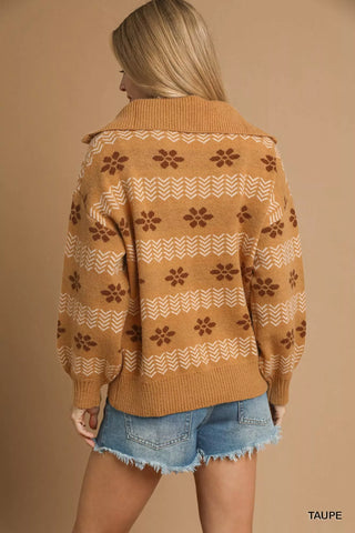 Back view of caramel floral half zip sweater