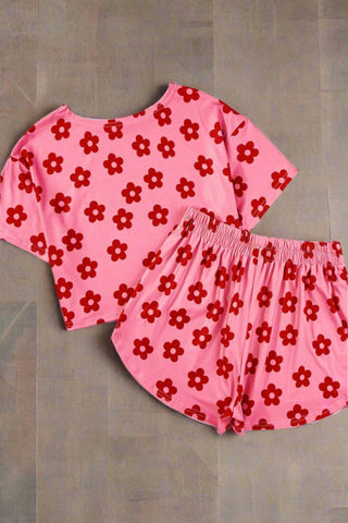 Floral Cropped Tee and Shorts Lounge Set – Two - Piece - Post & Poppy