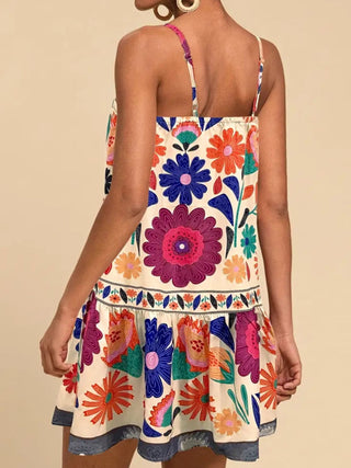 back view of colorful floral sleeveless mini dress for women