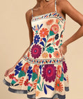 colorful floral sleeveless mini dress styled for summer brunch outfit