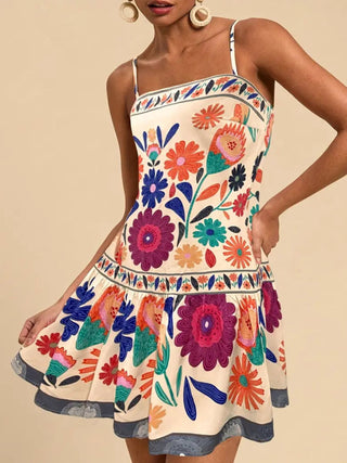 colorful floral sleeveless mini dress styled for summer brunch outfit