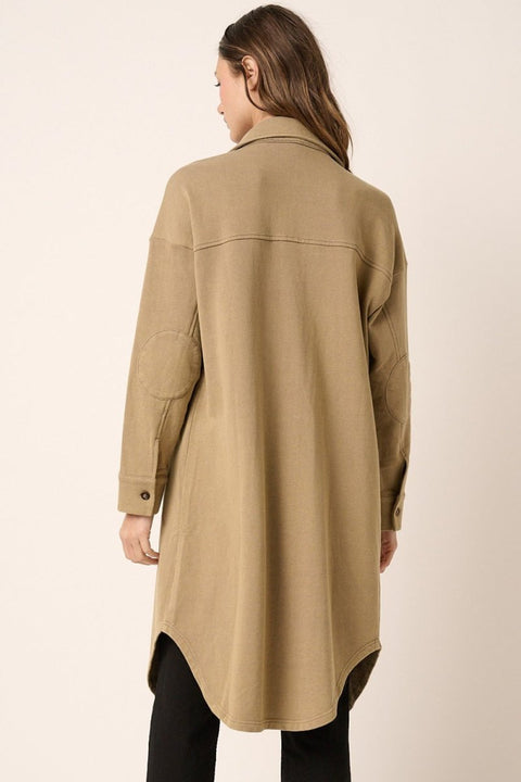 Back view of the French Terry Longline Shacket emphasizing the midi-length silhouette and seamless stitching