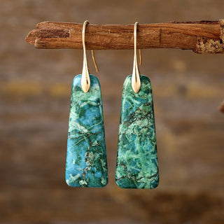 Green natural stone drop earrings with gold-plated hooks, featuring a marbled texture.