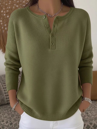 Olive green half button long sleeve knit top for women
