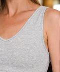 Close-up of soft ribbed fabric and scoop neckline
