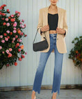 Casual outfit with high rise washed jeans and wide waistband