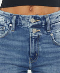 Close-up of wide waistband and pocket detail on high rise jeans
