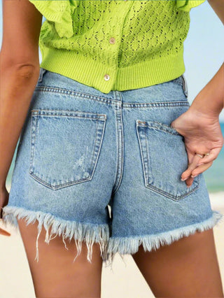 High Waist Raw Hem Denim Shorts - Post & Poppy