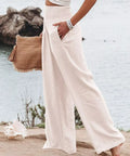 ivory wide leg pants with elastic waist and side pockets