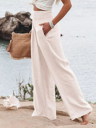 ivory wide leg pants with elastic waist and side pockets
