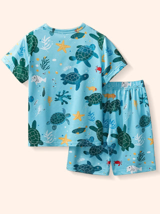 matching kids sea turtle shirt and shorts set for summer vacations and outdoor adventures