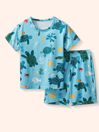 kids sea turtle shirt and shorts set featuring matching ocean themed summer outfit