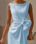 light blue cocktail dress with oversized bow detail for weddings and special events