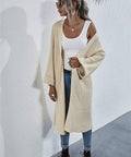 Side view of model in open-front cardigan