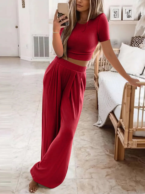 Short Sleeve Lounge Set with Wide Leg Pants - Post & Poppy