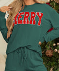 Woman wearing green MERRY holiday lounge set