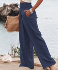 navy elastic waist wide leg pants with relaxed fit and pockets