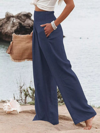 navy elastic waist wide leg pants with relaxed fit and pockets