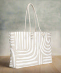 Top view of neutral abstract tote bag with wide opening