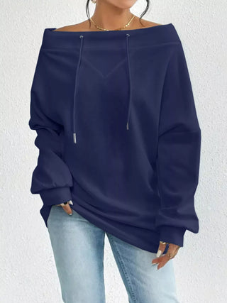 Navy blue off-shoulder long sleeve top with relaxed fit