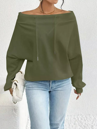 Olive green off-shoulder drawstring top for women