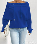 Royal blue off-shoulder long sleeve top styled for a spring outfit
