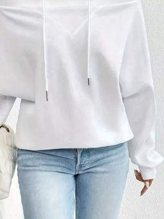 White off-shoulder long sleeve top with adjustable drawstring detail