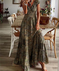 olive floral v neck maxi dress with smocked bodice and relaxed fit