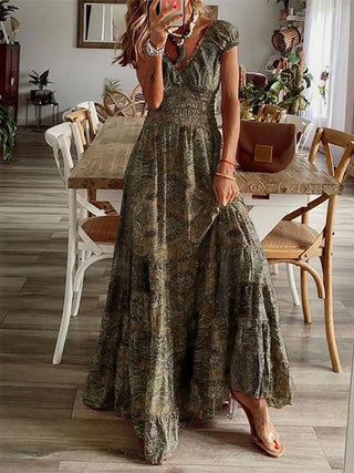 olive floral v neck maxi dress with smocked bodice and relaxed fit